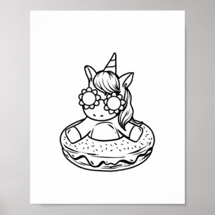 Kids Unicorn In A Doughnut For Colouring Paint Gir Poster