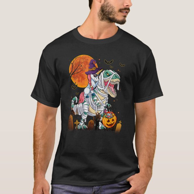 Kids Unicorn Riding Dinosaur  Witch Halloween Cost T-Shirt (Front)