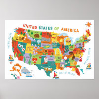 Kids US Map Whimsical Cartoon Art United States