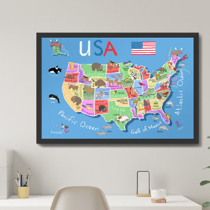 Kids US Map Whimsical Cartoon Art United States Poster