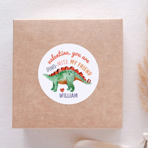Kids Valentine Dino-Mite Watercolor Dinosaur   Classic Round Sticker