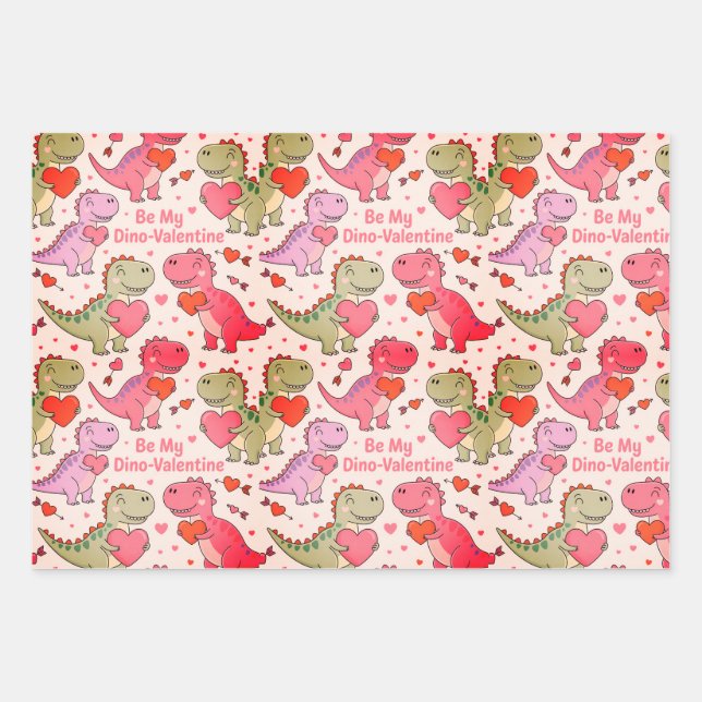 Kids valentine wrap  with dinosaurs &hearts wrapping paper sheet (Front)