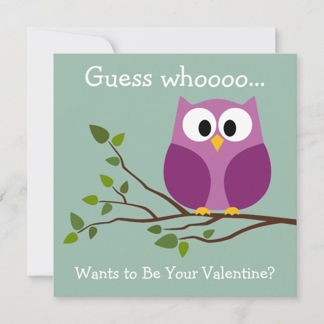 Kids Valentines Day Card with Cute Cartoon Owl (Front)