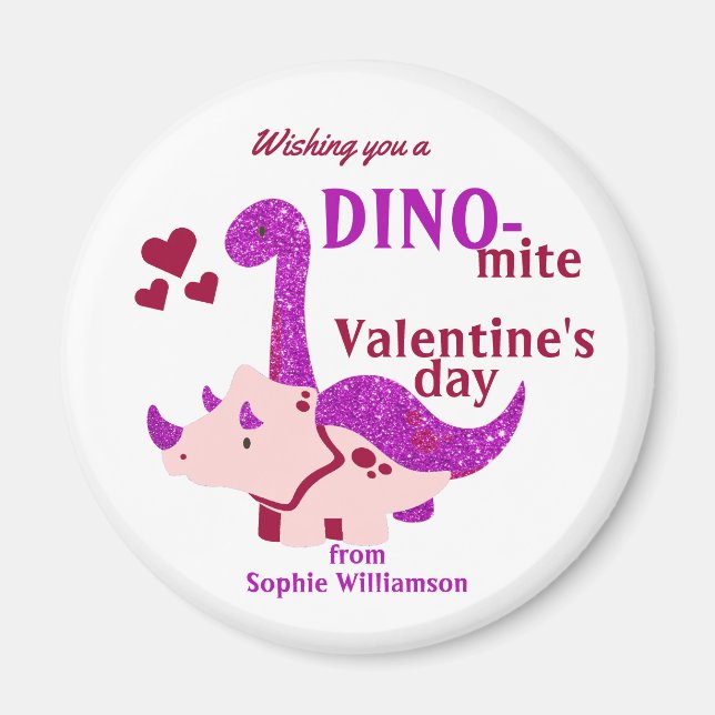 Kids Valentines Day Dino-mite Girly Dinosaur  Magnet (Front)