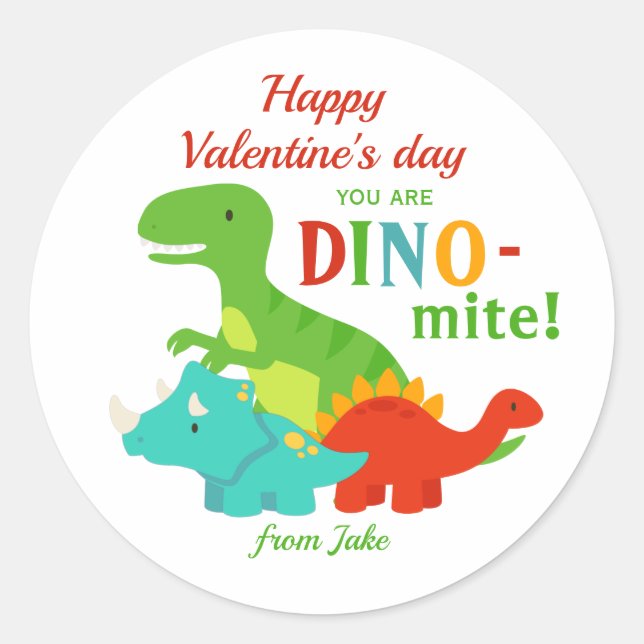 Kids Valentines Day Dinosaur Dino-mite Colourful Classic Round Sticker (Front)