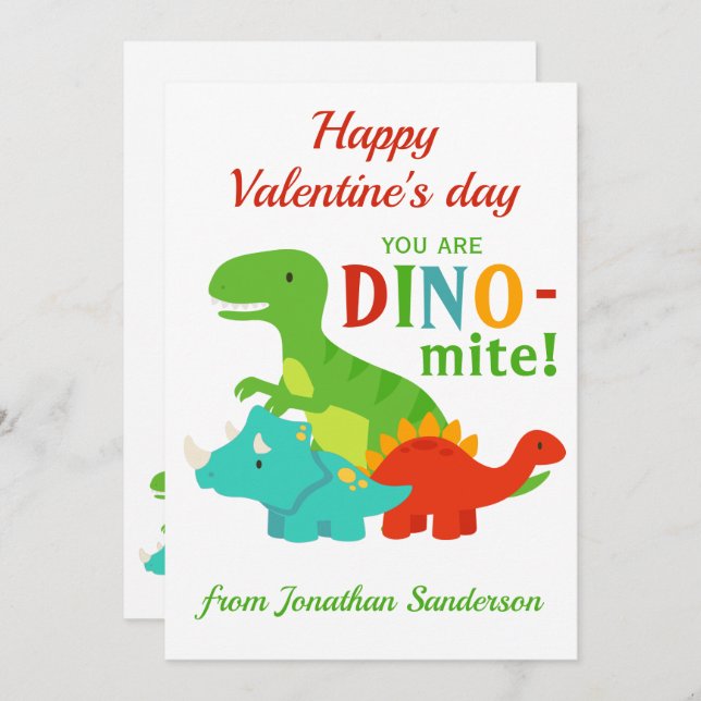 Kids Valentines Day Dinosaur Dino-mite Fun Flat Holiday Card (Front/Back)
