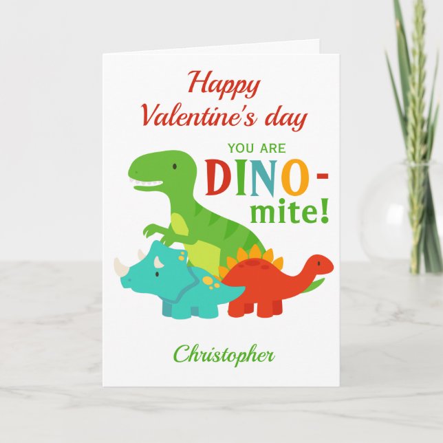 Kids Valentines Day Dinosaur Dino-mite Holiday Card (Front)