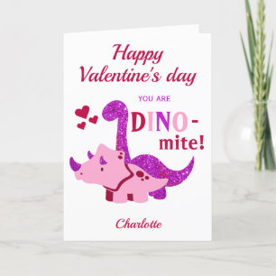Kids Valentines Day Girly Dinosaur Dino-mite Holiday Card