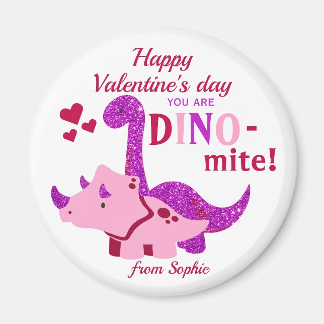 Kids Valentines Day Girly Dinosaur Dino-mite Magnet (Front)