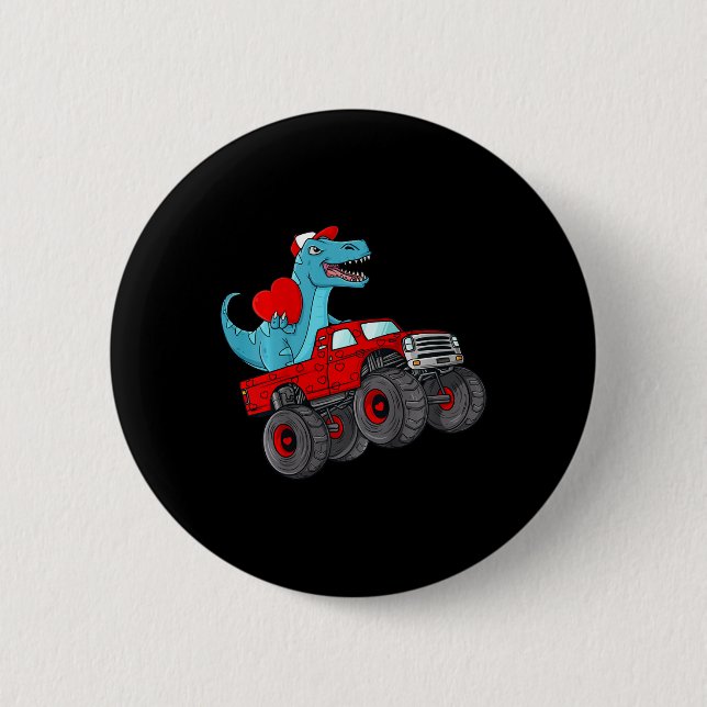 Kids Valentines Day T Rex Riding Monster Truck Fun 6 Cm Round Badge (Front)