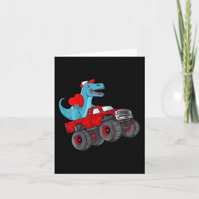 Kids Valentines Day T Rex Riding Monster Truck Fun Card (Front)
