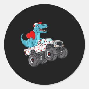 Kids Valentines Day T Rex Riding Monster Truck Fun Classic Round Sticker