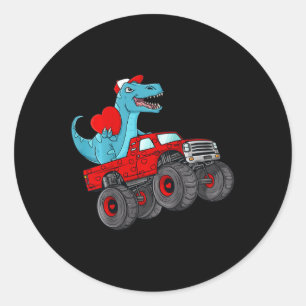 Kids Valentines Day T Rex Riding Monster Truck Fun Classic Round Sticker