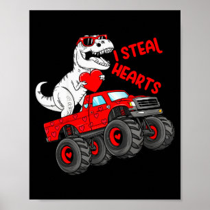 Kids Valentines Day T Rex Riding Monster Truck Fun Poster
