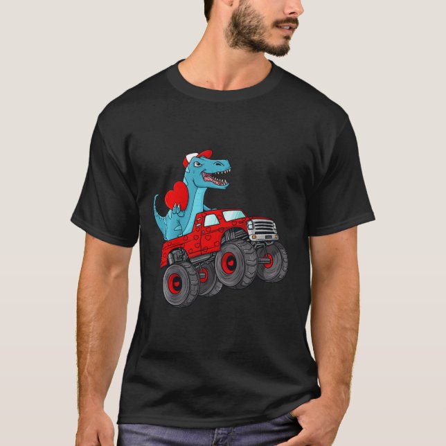 Kids Valentines Day T Rex Riding Monster Truck Fun T-Shirt (Front)