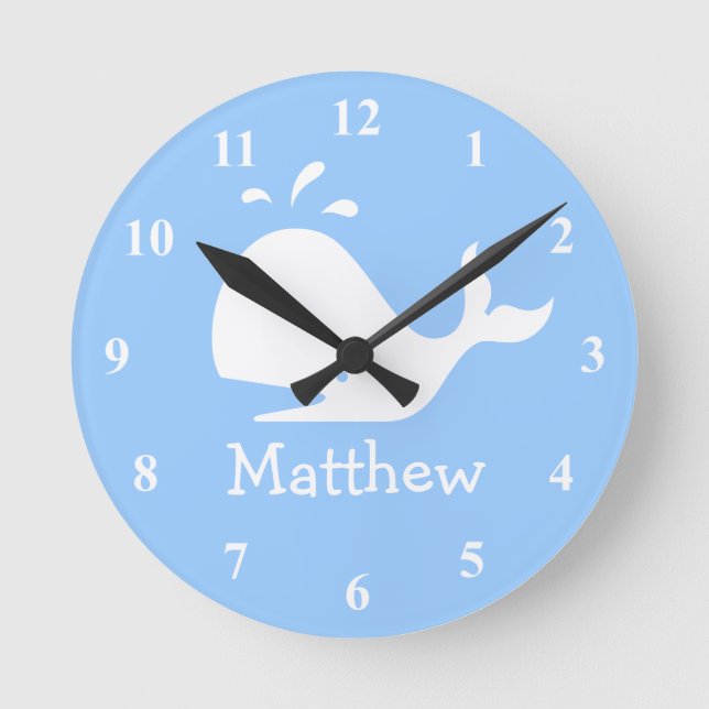 Kids wall clock with cute whale cartoon and name (Front)