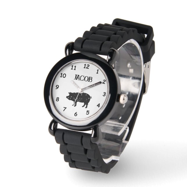Kid's watch with custom name and pig logo (Angle)