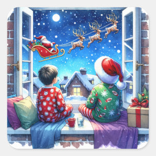 Kids Watching Santa on Christmas Eve Square Sticker