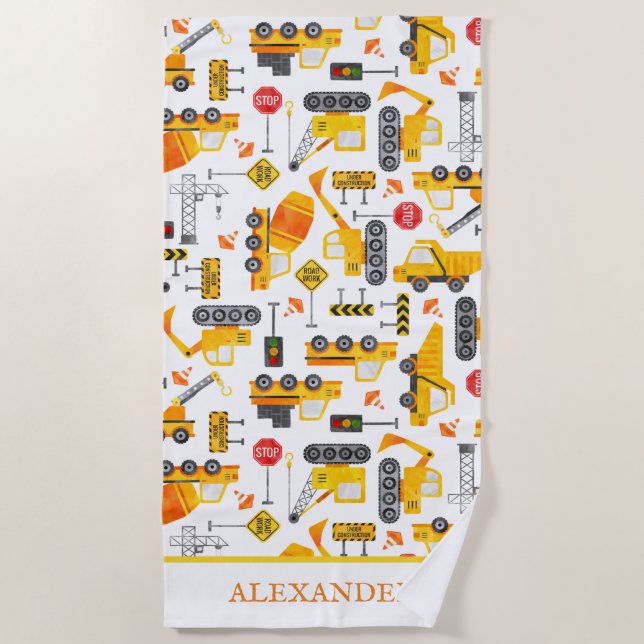 Kids Watercolor Construction Vehicles Personalised Beach Towel (Front)