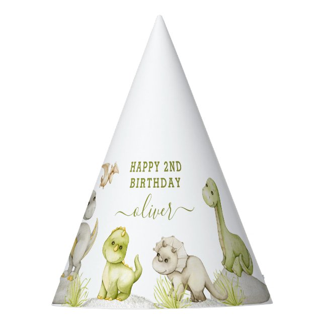 Kids Watercolor Dinosaur Birthday Party Party Hat (Front)