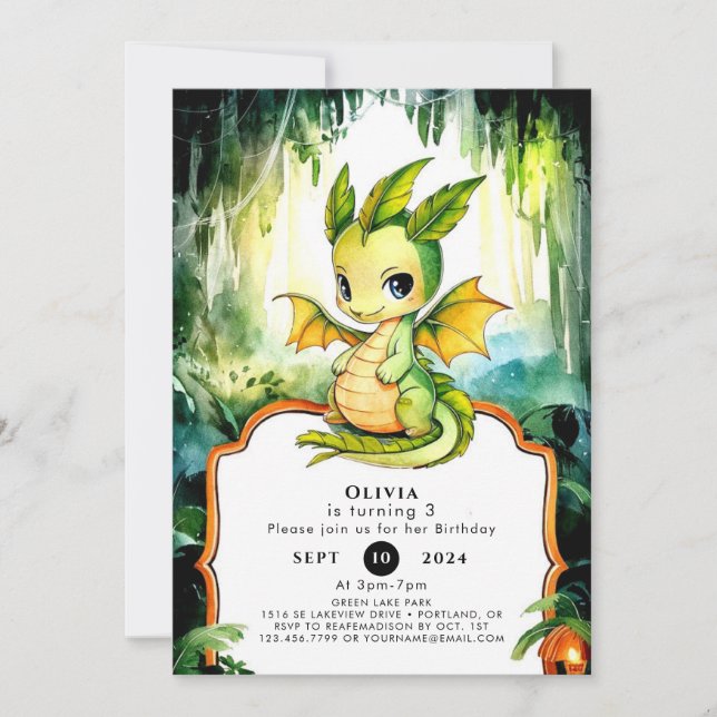 Kids Watercolor Dragon Birthday Invitation (Front)
