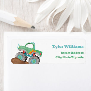 Kids Watercolor Green Monster Stunt Truck Return Address Label