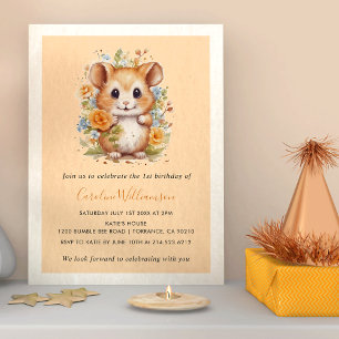 Kids  Watercolor Hamster Floral Birthday Party Invitation