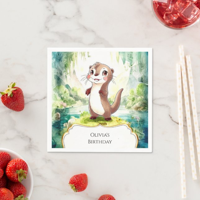 Kids Watercolor Otter Birthday Napkin (Insitu)