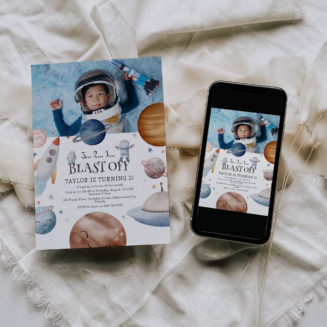 Kids Watercolor Outer Space Photo Birthday Party Invitation (Creator Uploaded)