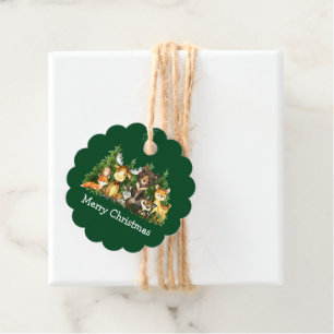 Kid's Watercolor Woodland Animals Christmas Green Favour Tags