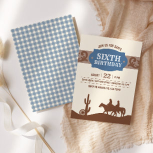 Kids Western Birthday Blue & Brown Party Invitation