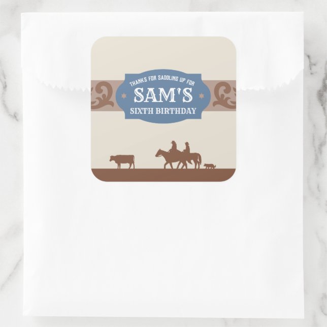 Kids Western Birthday Party Blue/Brown Thank You  Square Sticker (Bag)