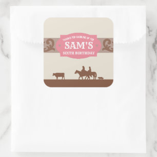 Kids Western Birthday Party Pink/Brown Thank You  Square Sticker