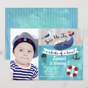 Kids Whale Photo Watercolor Birthday Invitation