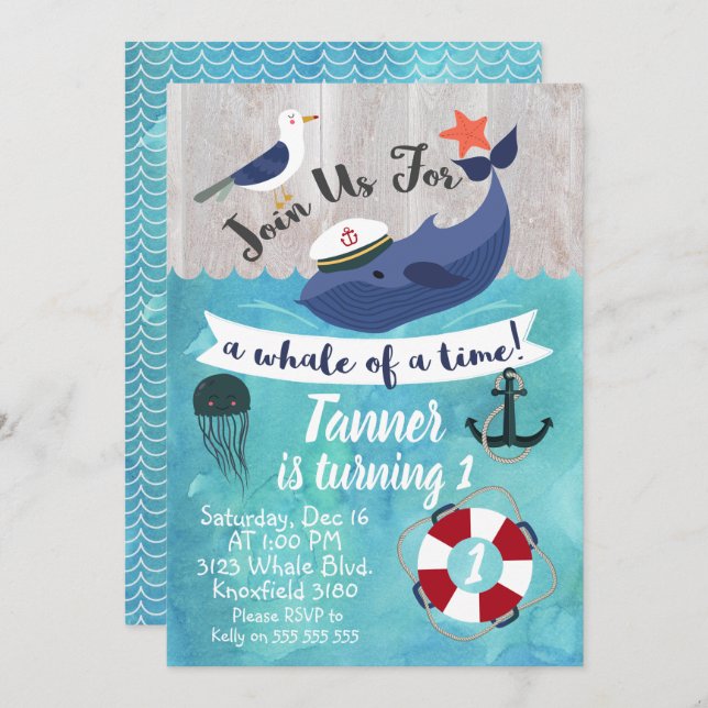 Kids Whale Watercolor Birthday Invitation (Front/Back)