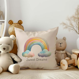 Kids Whimsical Pastel Rainbow in Clouds Cushion