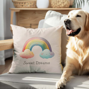 Kids Whimsical Pastel Rainbow in Clouds Cushion