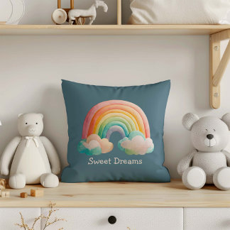 Kids Whimsical Pastel Rainbow in Clouds Cushion