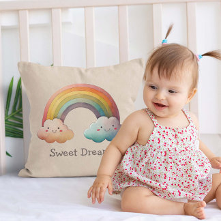 Kids Whimsical Pastel Rainbow in Clouds Cushion