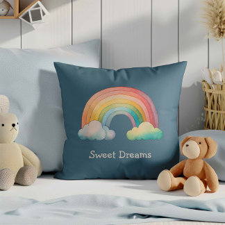 Kids Whimsical Pastel Rainbow in Clouds Cushion
