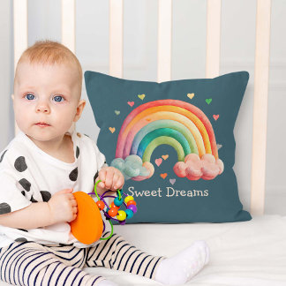 Kids Whimsical Pastel Rainbow in Clouds Cushion
