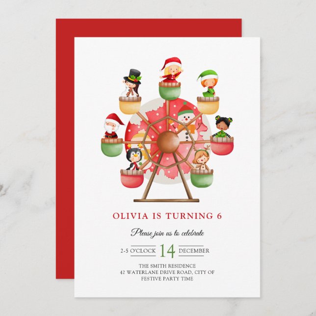 Kids Winter Wonderland Ferris Wheel Xmas Birthday Invitation (Front/Back)