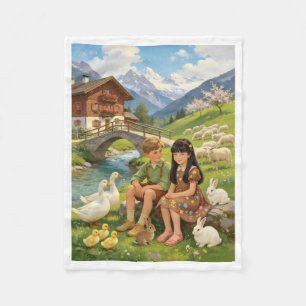 Kids with Farm Animals Alpine Countryside Fleece B Blanket