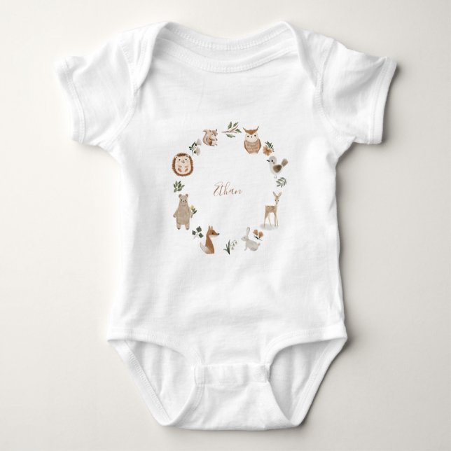 Kids Woodland Animals Personalised Name Watercolor Baby Bodysuit (Front)