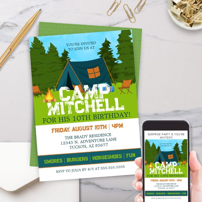 Kids Woodland Backyard Camp Out Birthday Invitation (Fun Outdoors Adventure Kids Woodland Camp Out Birthday Party Invitation for Boys or Girls )