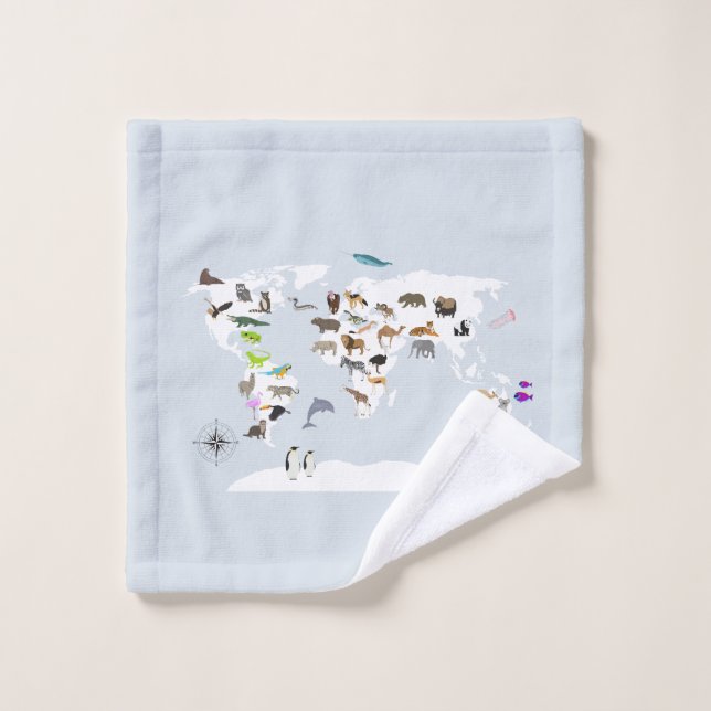Kids World Map Animals Bath Towel Set (Wash Cloth)