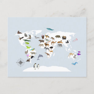 Kids World Map Animals Holiday Postcard