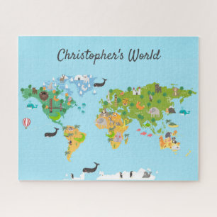 Kids World Map Animals Modern Monogram Name fun Jigsaw Puzzle