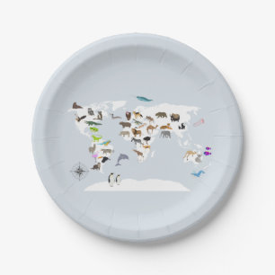 Kids World Map Animals Paper Plate