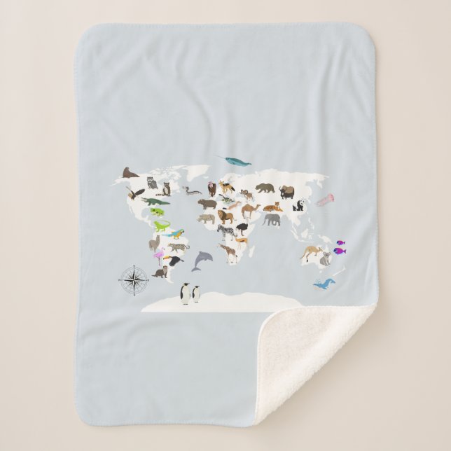Kids World Map Animals Sherpa Blanket (Front)